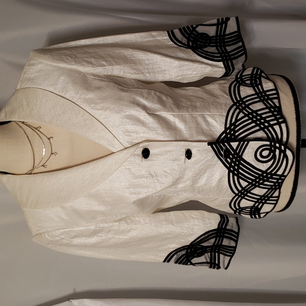 White silky jacket with black embroidery